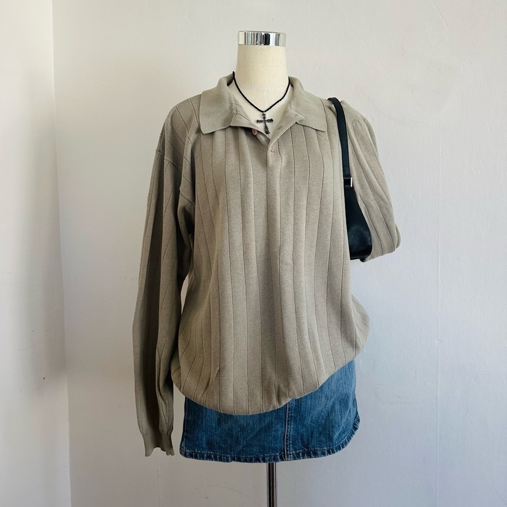 Vintage Knit Henley Polo Top Size XL Tan Grandpacore 90s Preppy Grunge Pullover